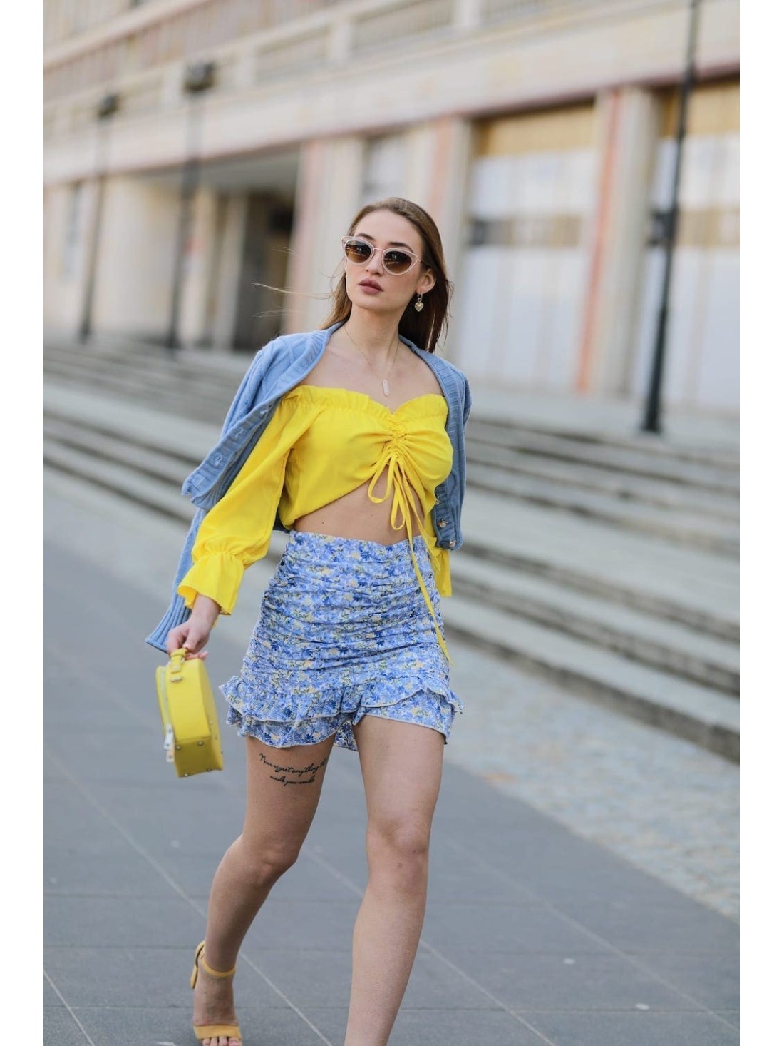 Blue ruffled mini skirt with floral ruffles 3861 - Online store - Boutique